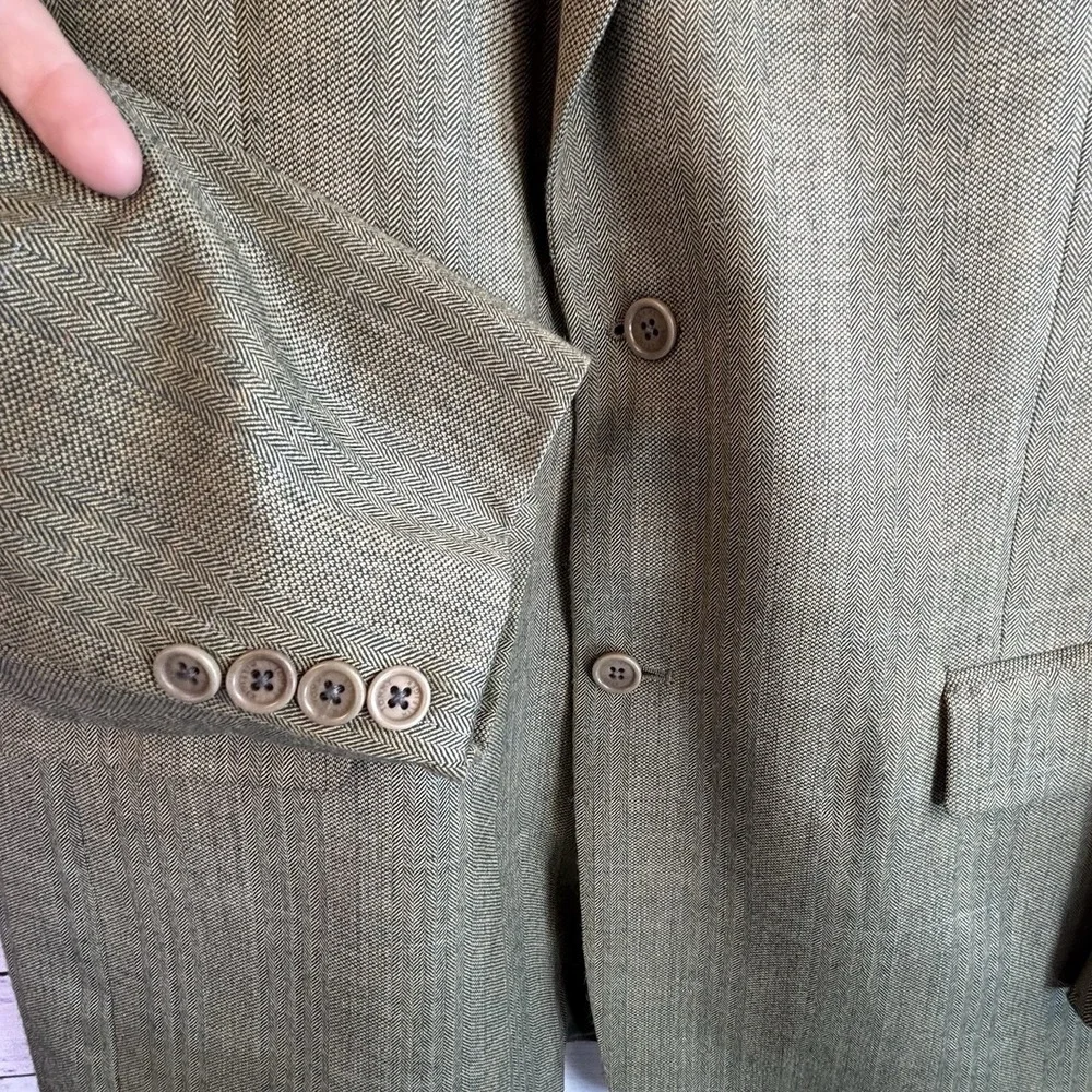 Tommy Hilfiger Blazer 42L Silk/Wool Herringbone Glen Plaid Greenish Beige Jacket